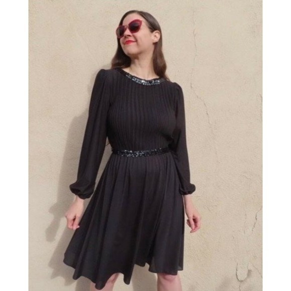 Vintage 60s Sally Lou black sequin trim Retro Mod Pinup Rockabilly Dress XL - Picture 1 of 12